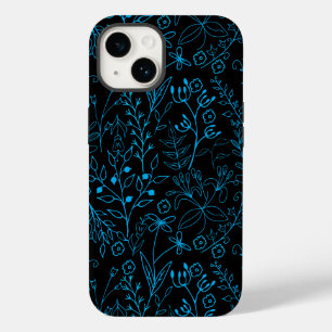 Coque Pour iPhone 14 Motif floral classique mono ton bleu.A07 Black BG