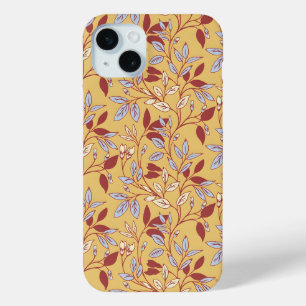Coque iPhone 15 Mini Motif floral élégant avec feuilles rouges et bleue