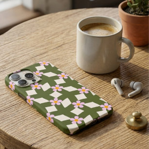 Coques iPhone 16 Pro Max Motif floral géométrique vert sauge rétro des anné