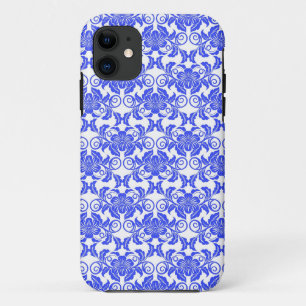 Coque iPhone 11 Motif floral girly bleu de damassé et blanc