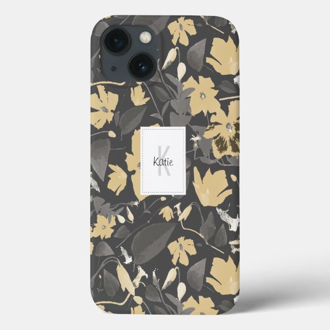 Coques Case-Mate iPhone Motif Floral monogramme gris jaune (Verso)