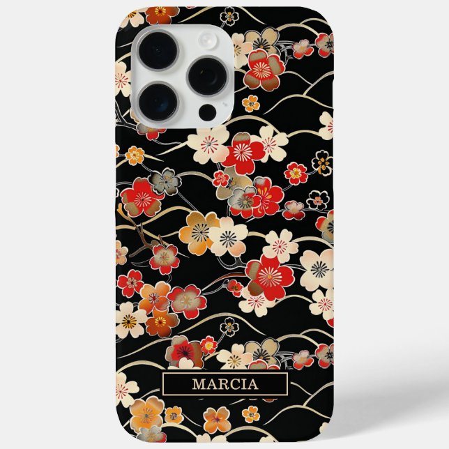 Coques Case-Mate iPhone Motif floral noir japonais monogrammé (Verso)