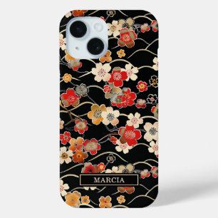 Coque Pour iPhone 15 Motif floral noir japonais monogrammé