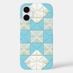 Coques iPhone 16 Motif géométrique bleu et blanc