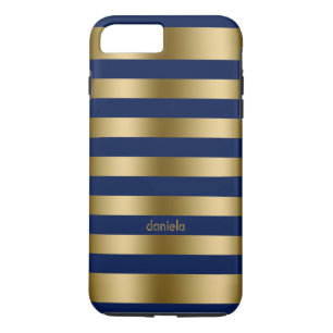Coque iPhone 8 Plus/7 Plus Motif géométrique Monogramme Gold & Blue Stripes