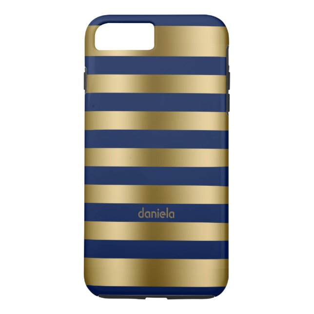 Coques Case-Mate iPhone Motif géométrique Monogramme Gold & Blue Stripes (Dos)