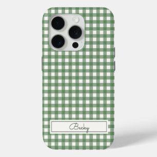 Coque iPhone 15 Pro Motif Gingham Vert avec Nom