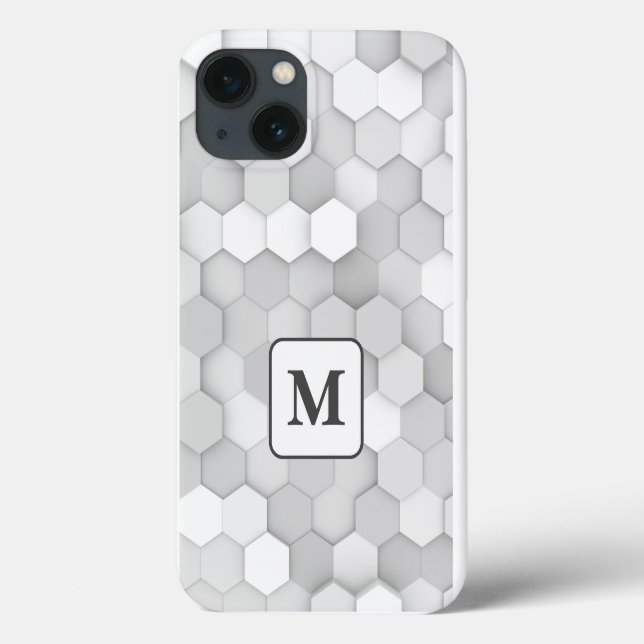 Coques Case-Mate iPhone Motif Hexagon géométrique Monogramme blanc et gris (Verso)
