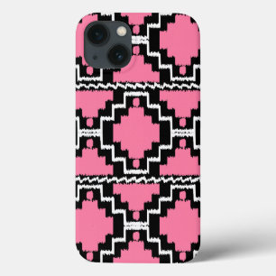Etui iPhone 13 Motif Ikat Aztec - Fuchsia rose, noir et blanc