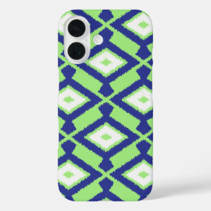 Coques iPhone 16 Motif Ikat - Vert, Indigo Bleu et Blanc