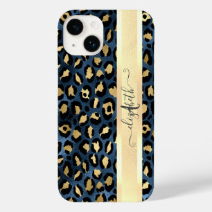 Coque Pour iPhone 14 Motif léopard bleu or monogramme