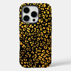 Coques iPhone 16 Pro Motif Leopard métal or sur noir
