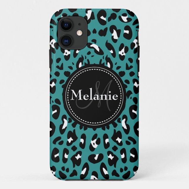 Coques Case-Mate iPhone Motif Léopard noir Turquoise monogramme (Dos)