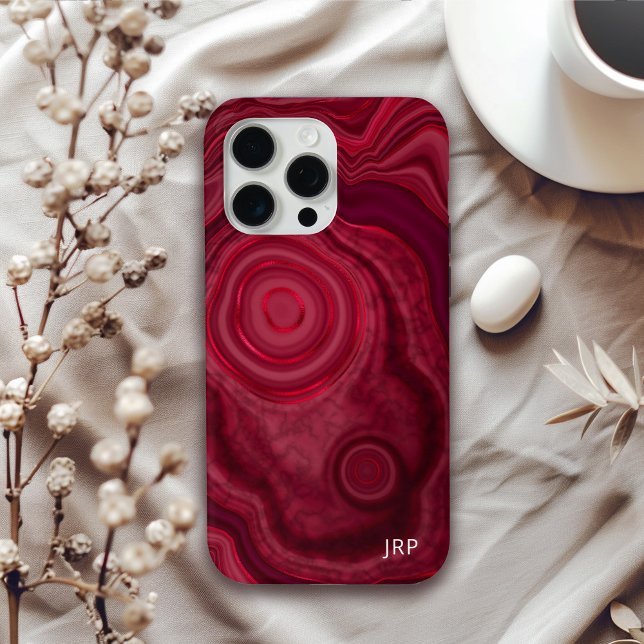 Coques Case-Mate iPhone Motif moderne en marbre rouge Agate avec Monogramm (Créateur téléchargé)