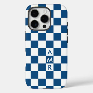 Coques iPhone 16 Pro Motif Monogram Blue À damiers Blanc
