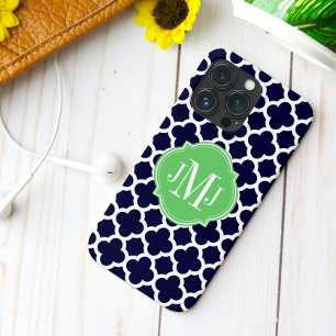 iPhone 13 Pro Case Motif monogramme quatrefeuilles bleu marine et bla