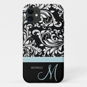 Coque iPhone 11 Motif noir et blanc élégant de damassé avec le