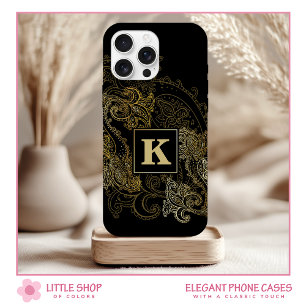 Coques iPhone 16 Motif Paisley Monogramme Noir Élégant à Dorure