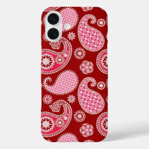 Coques iPhone 16 Plus Motif Paisley, rouge foncé, rose et blanc
