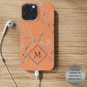 Coque iPhone 15 Pro Max Motif personnalisé de marbre gris noir sur orange 