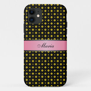 Coque Case-Mate Pour iPhone Motif Points Jaunes Nom Personnalisé Rose 2