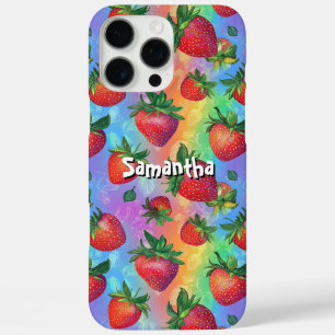 Coques iPhone 16 Pro Max Motif Rainbow Strawberry avec nom personnalisable
