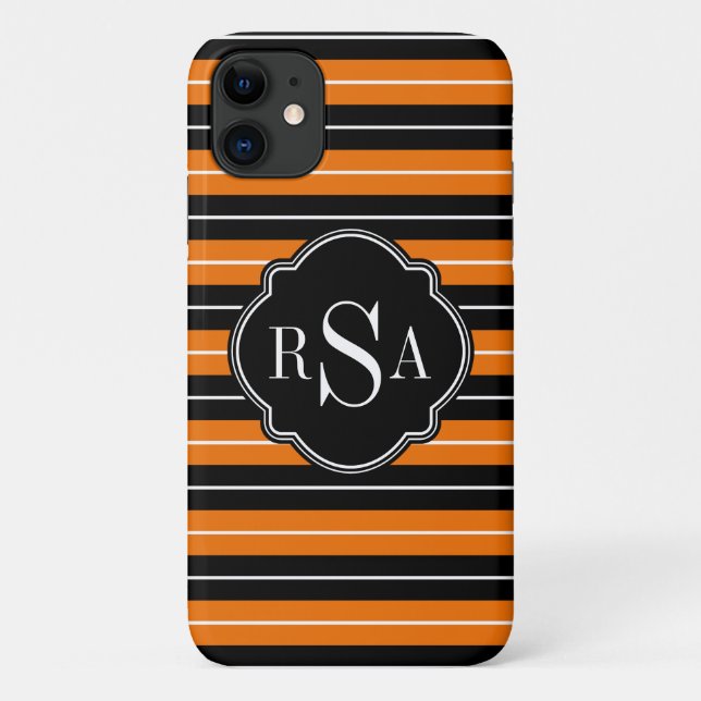 Coques Case-Mate iPhone Motif rayé noir blanc orange monogramme (Dos)