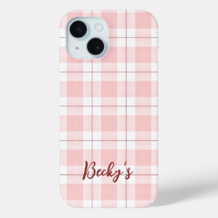 Coque Pour iPhone 15 Motif rose plaid avec nom