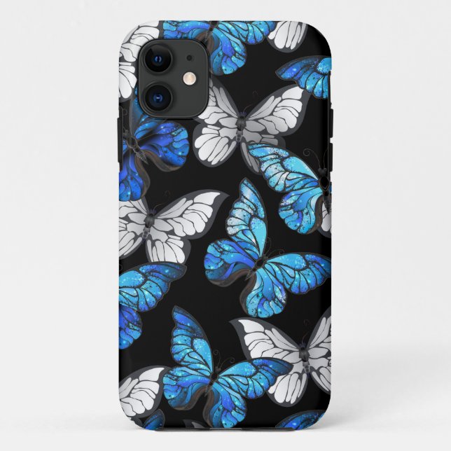 Coques Case-Mate iPhone Motif sans couleur foncée avec papillons bleus Mor (Dos)