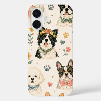 Coques iPhone 16 Motif sans couture de chiot pastel | Chien peint à