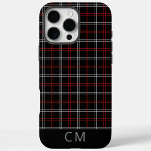 Coques iPhone 16 Pro Max Motif Tartan Noir Rouge Plaid Monogramme Moderne