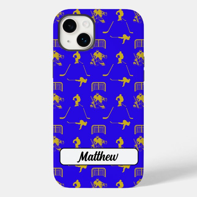Coques Case-Mate iPhone Motif tendance de hockey bleu jaune (Verso)