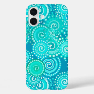 Coques iPhone 16 Plus Motif tourbillon fractal, nuances bleu océan