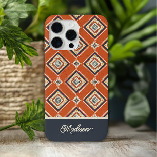Coque iPhone 15 Pro Max Motif tribal aztèque bleu rouille Nom personnalisé