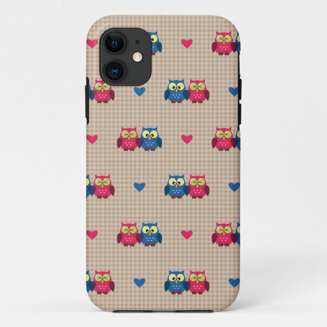 Coques Case-Mate iPhone Motif vérifié avec des hiboux d'amour (Dos)