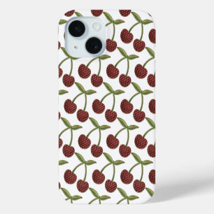 Coque Pour iPhone 15 Motif vintage illustré de cerise sur blanc