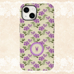 Coque Pour iPhone 14 Motif violet doux sur jaune pâle avec initial