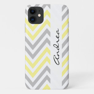 Coque iPhone 11 Motif Zigzag, Chevron, Jaune, Gris, Votre Nom