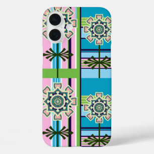 Coques iPhone 16 Plus Motifs géométriques rétro et fleurs imaginaires