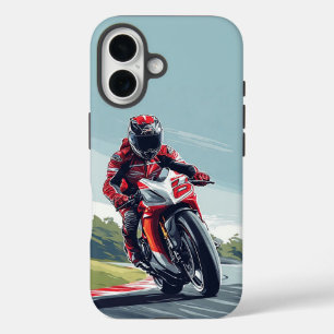 Coques iPhone 16 Motocycliste roulant sur une moto de sport sur une