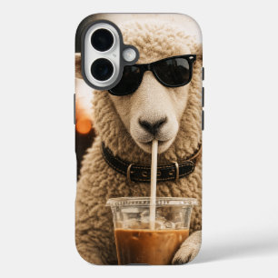 Coques iPhone 16 Moutons cools buvant du café glacé