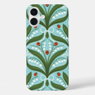 Coques iPhone 16 Plus Muguet et coccinelles symétrie en vert,
