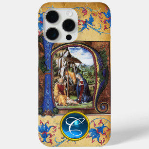 COQUE iPhone 15 PRO MAX NATIVITÉ CHRISTMAS PARCHMENT BLUE GEM MONOGRAM