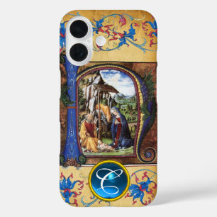 COQUES iPhone 16  NATIVITÉ CHRISTMAS PARCHMENT BLUE GEM MONOGRAM