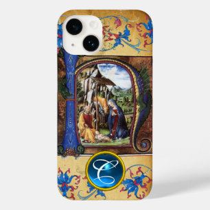 COQUE POUR iPhone 14 NATIVITÉ CHRISTMAS PARCHMENT BLUE GEM MONOGRAM