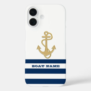 Coques iPhone 16 Nautique, Ancre d'Or  Bleu Marine Rayures Blanches