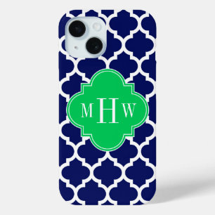 Coque Pour iPhone 15 Navy Blanc Marocain #5 Émeraude 3 Monogramme Initi
