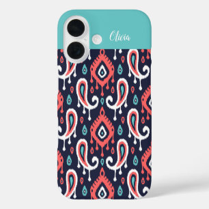 Coques iPhone 16 Navy et Coral Ikat Paisley Monogramme