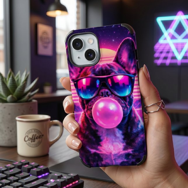 Coques Case-Mate iPhone Néon Bouledogue Français Bubble Gum Synthwave (Créateur téléchargé)