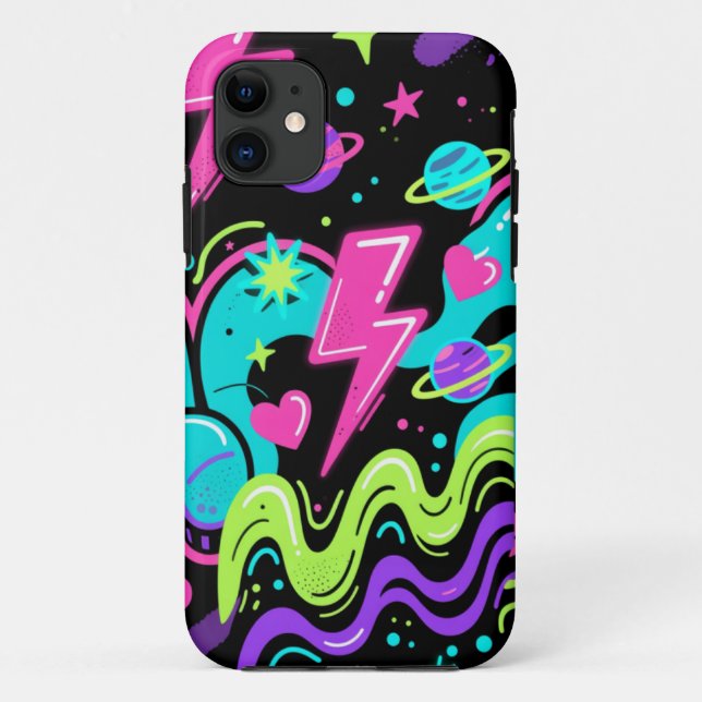 Coques Case-Mate iPhone Neon Doodle Pattern Phone Case on Black  (Dos)